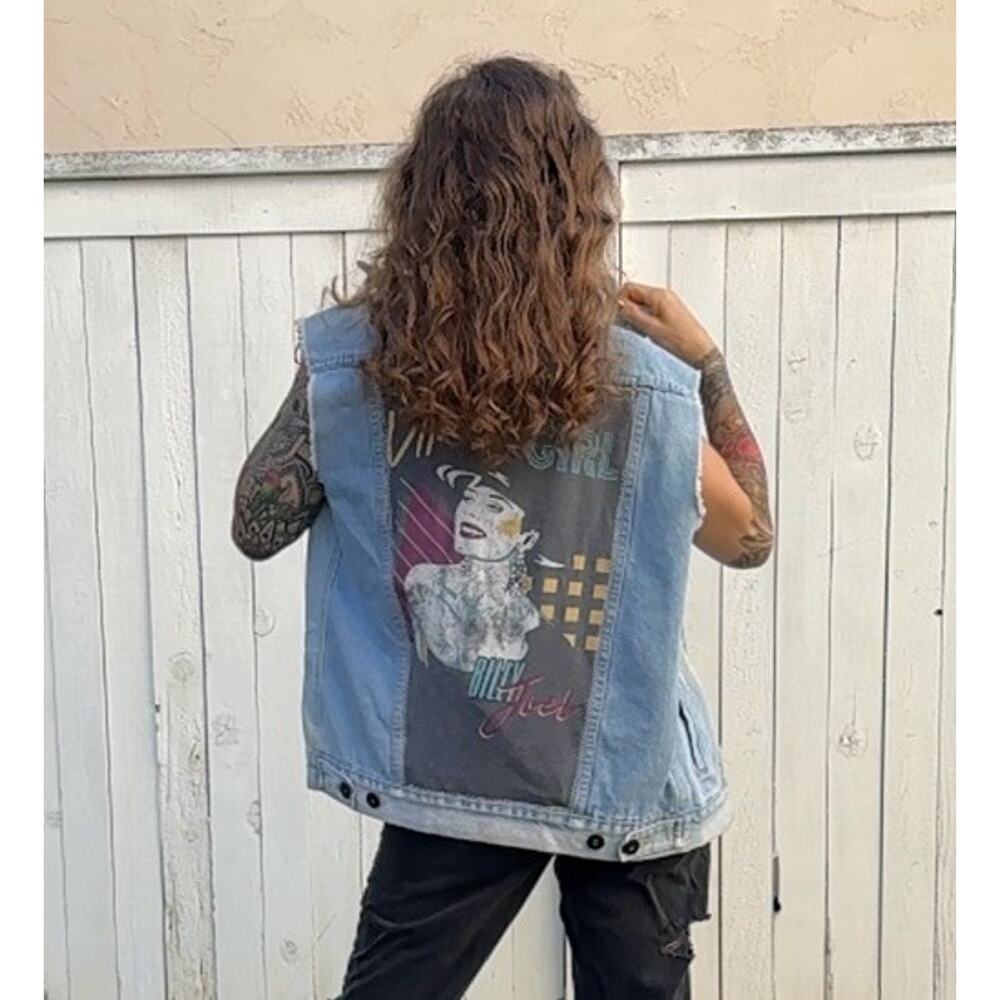 BILLY JOEL Uptown Girl Vintage Retro Upcycled Denim Vest 70s 80s Pop Rock Sz M